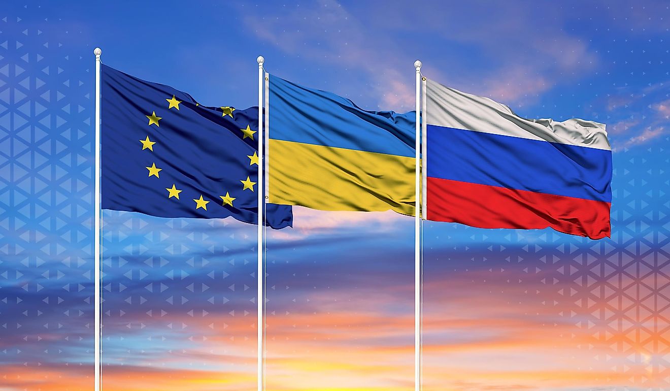 Flags of Ukraine, Russia and the European Union.