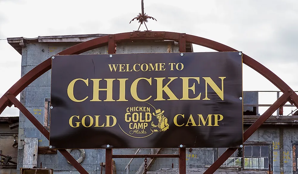 Welcome sign in Chicken, Alaska. Editorial credit: Jef Wodniack / Shutterstock.com