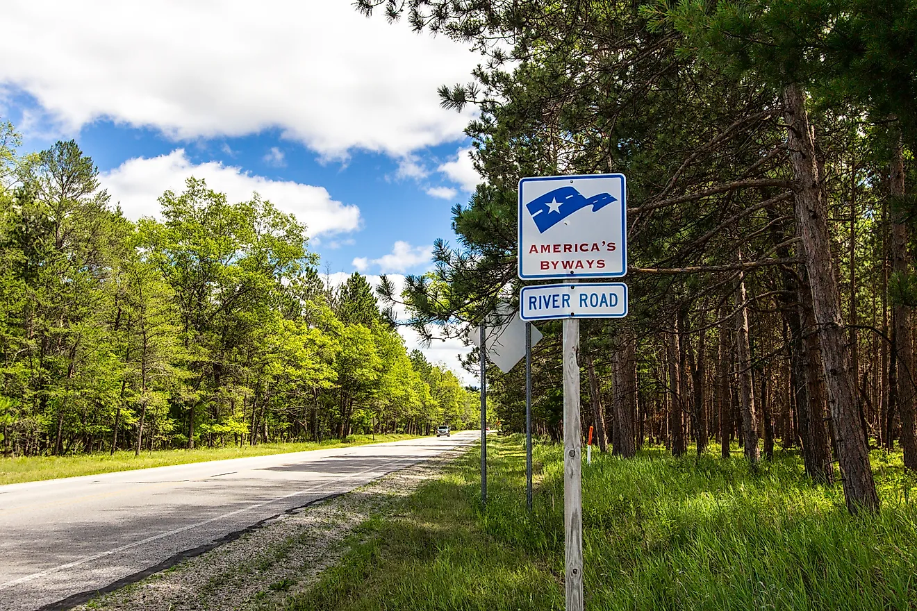 Sign for the River Road Scenic Byway in the Huron Manistee National Forest, Oscoda, Michigan. 