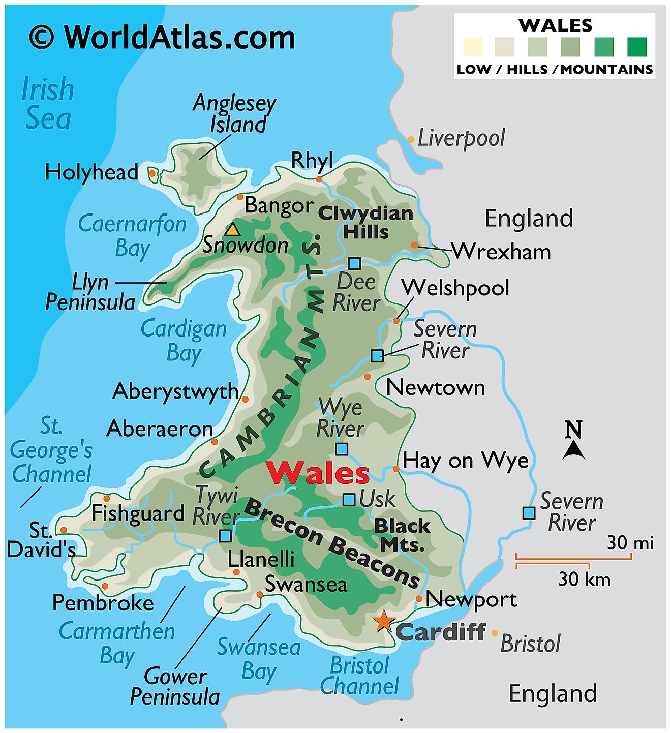 Physical Map of Wales. It shows the physical features of Wales, including mountain ranges, and important rivers. 