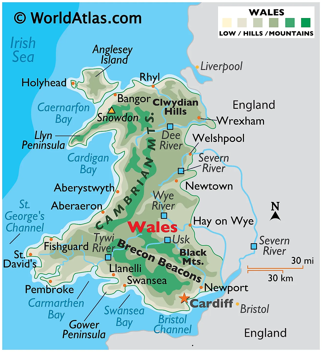 Physical Map of Wales. It shows the physical features of Wales, including mountain ranges, and important rivers. 