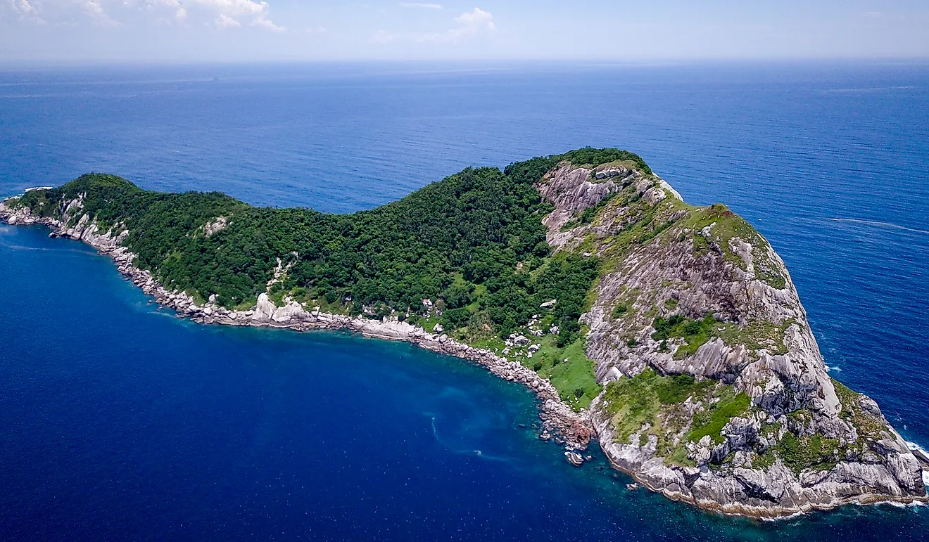 Aerial view of Queimada Grande Island, Brazil, one of the most dangerous places in the world due to the presence of the golden lancehead vipers.