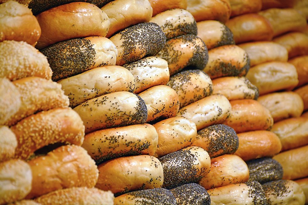 A row of fresh bagels. 