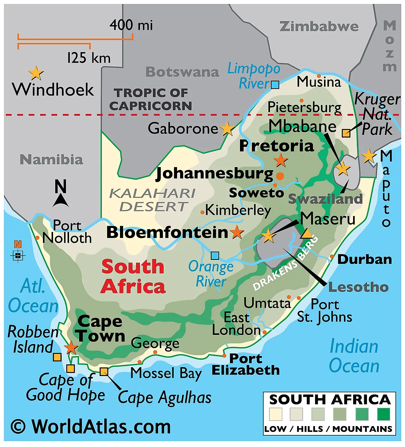 Physical map of South Africa with state boundaries.  It shows the physical features of South Africa including the terrain, mountain ranges, rivers, islands and major cities.