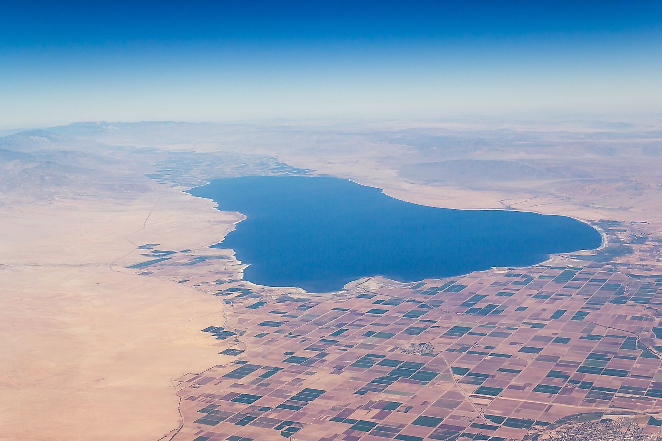 The aerial view of Salton Sea in California, USA. The New River drains into this sea.
