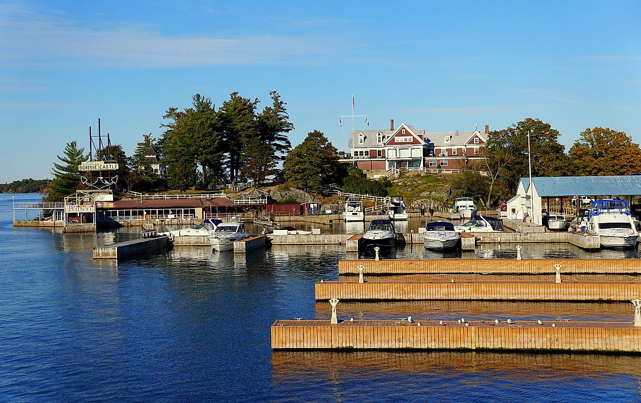 Alexandria Bay, New York, U.S.A - October 24, 2019 - The view of boats by the dock and harbor on St Lawrence River