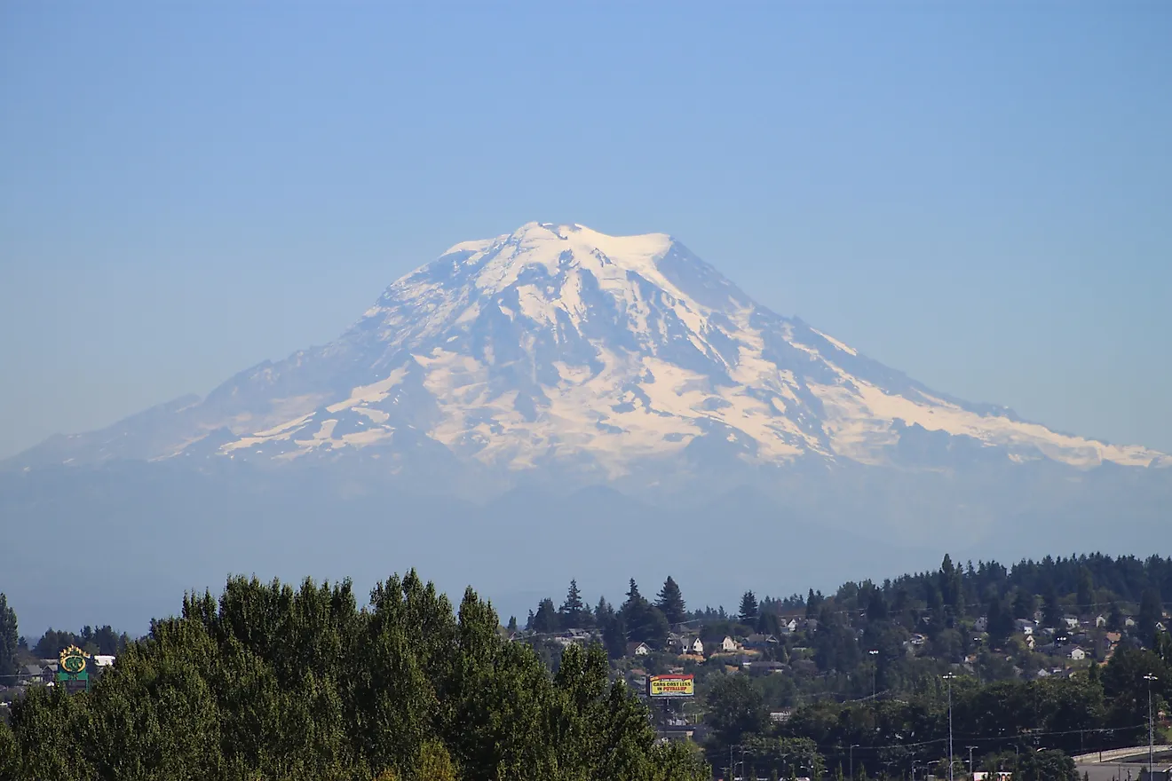 Mount Rainier is a stratovolcano located southeast of Seattle, Washington in the Cascade Mountains.