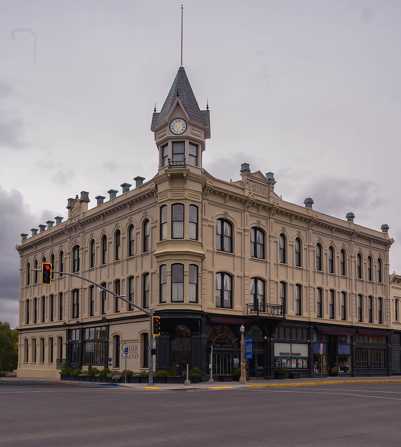 Exterior view of the historic Geiser Grand Hotel in downtown Baker City. The landmark building features ornate late 19th-century architecture. Editorial credit: MatFr / Shutterstock.com