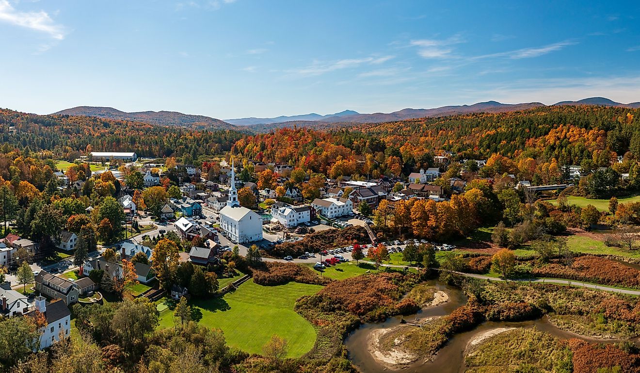 Panoramic aerial view of the town of Stowe in Vermont in the fall.