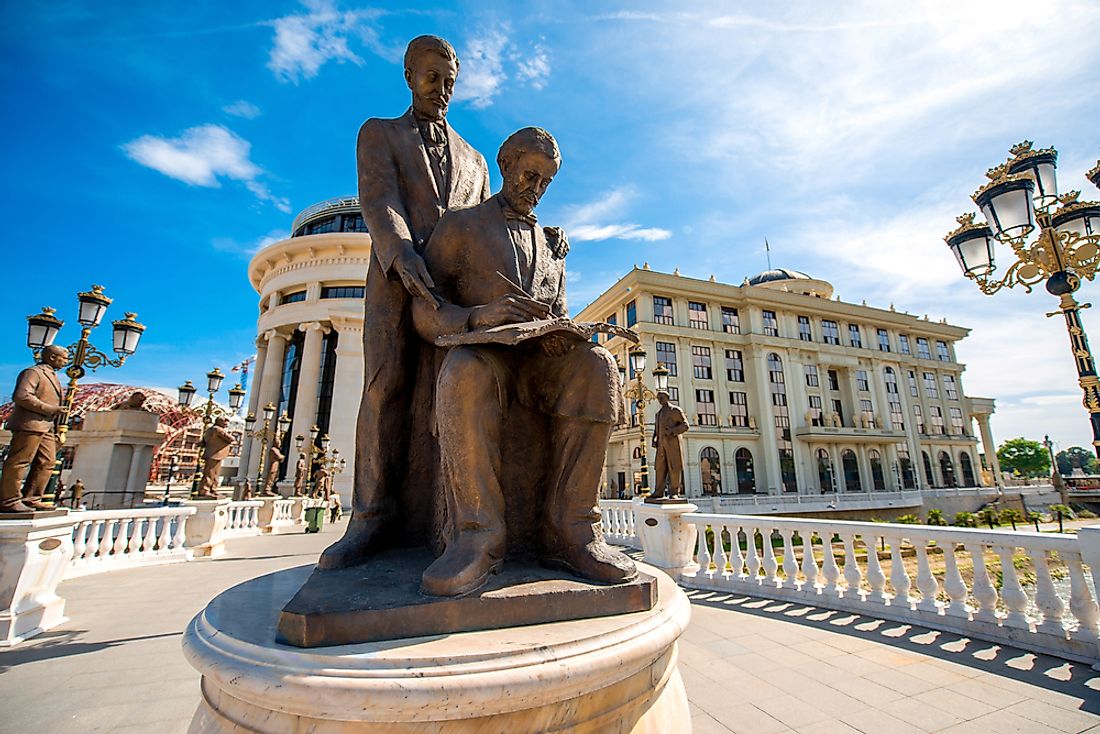 A statue of famous Macedonians in Skopje. 