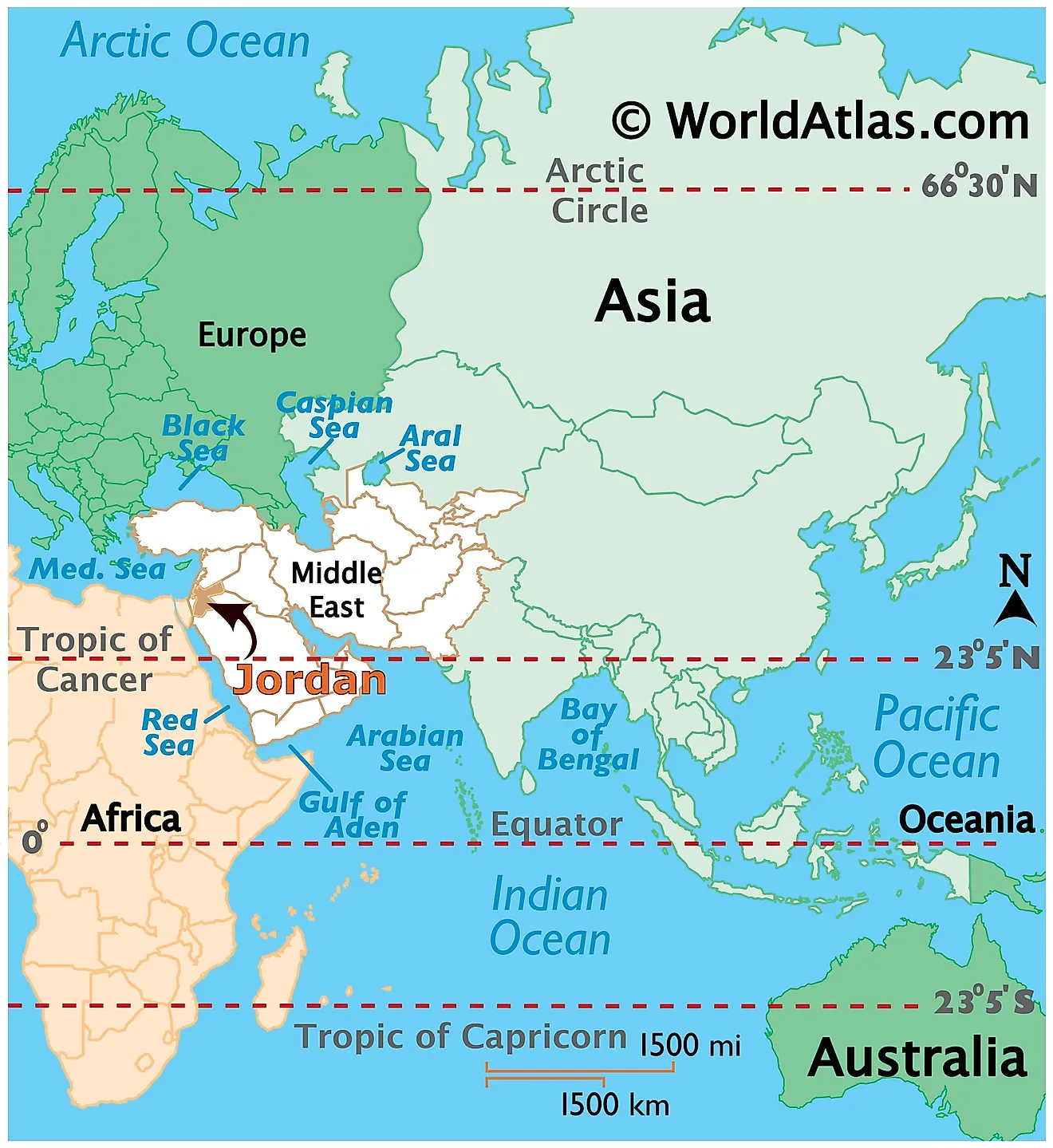 Map showing location of Jordan in the world.