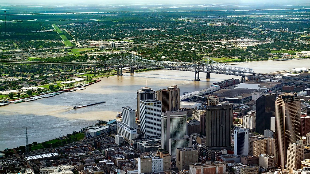 Aerial view of downtown New Orleans, Louisiana and Crescent City Connection Bridge. 