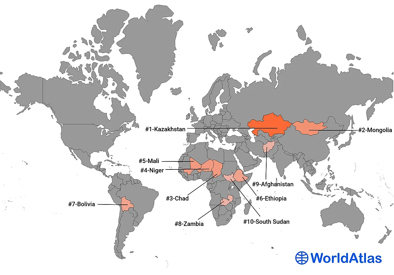 Map Showing The 10 Largest Landlocked Countries In The World