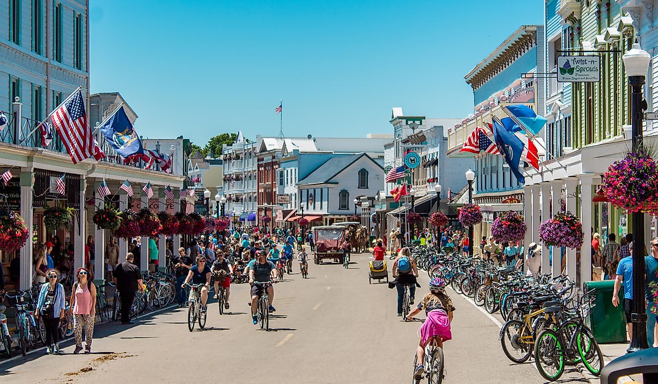 The lively downtown area of Mackinac Island, Michigan. Image credit Michael Deemer via Shutterstock
