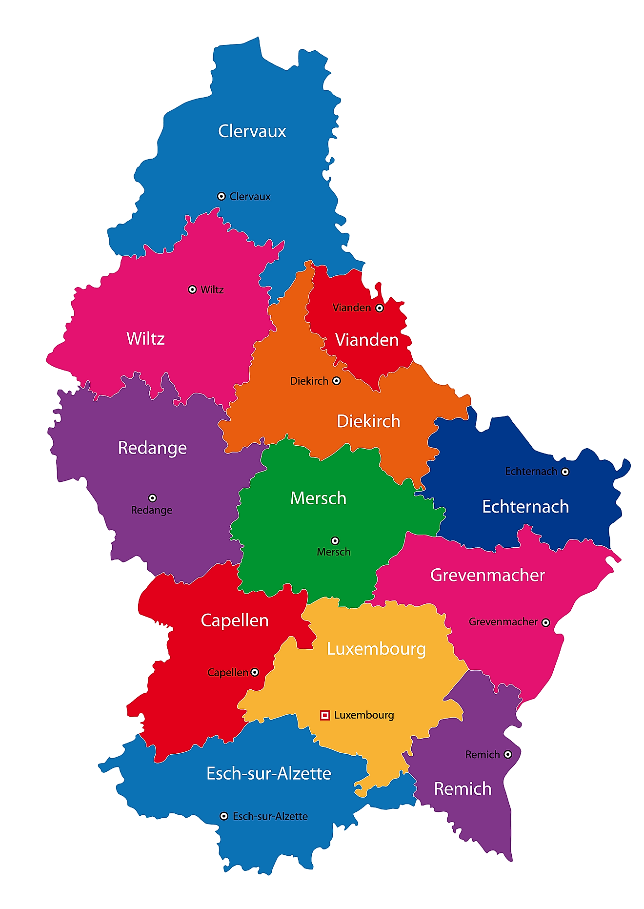 Political Map of Luxembourg showing its 12 cantons and the capital Luxembourg City.