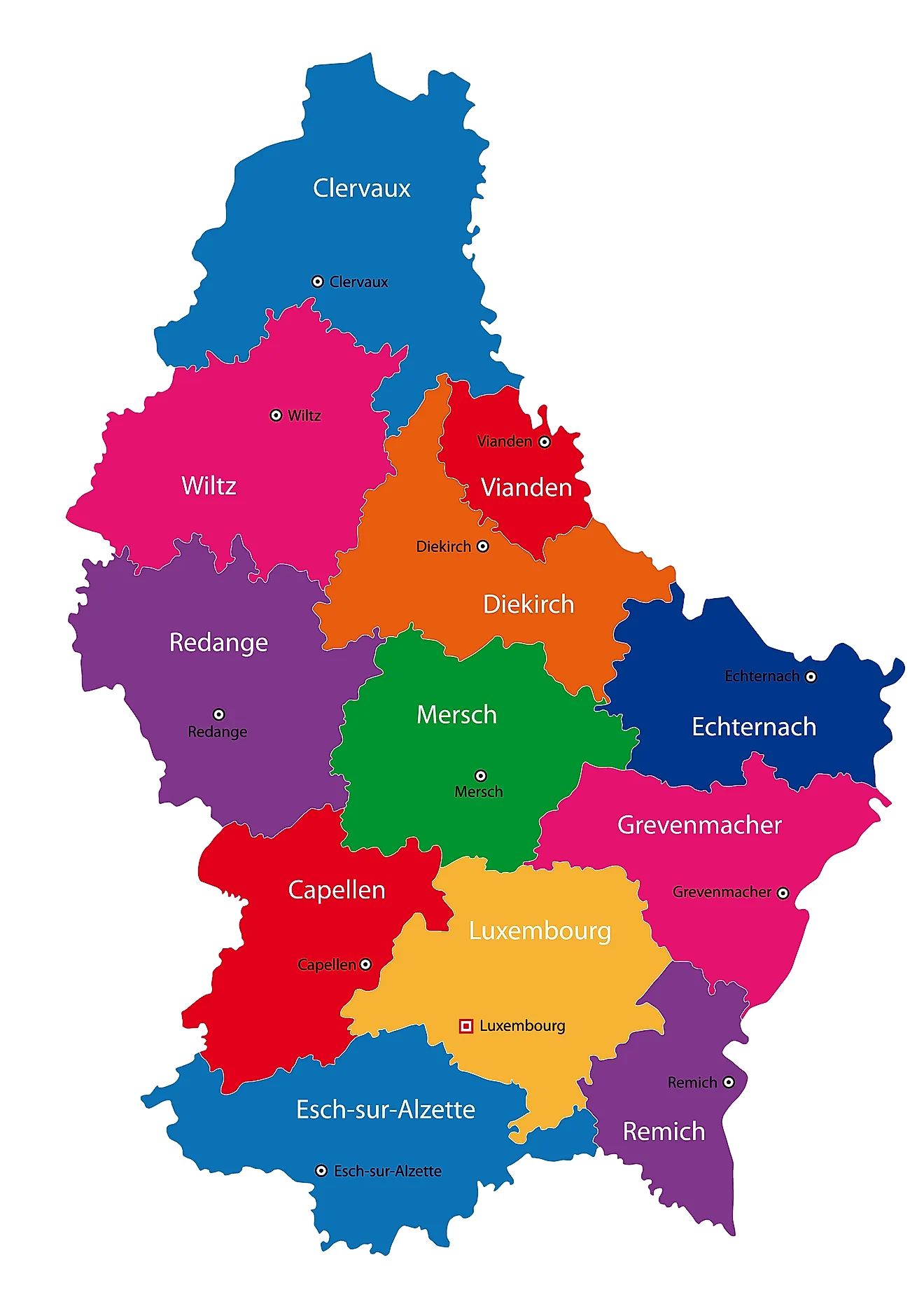 Political Map of Luxembourg showing its 12 cantons and the capital Luxembourg City.