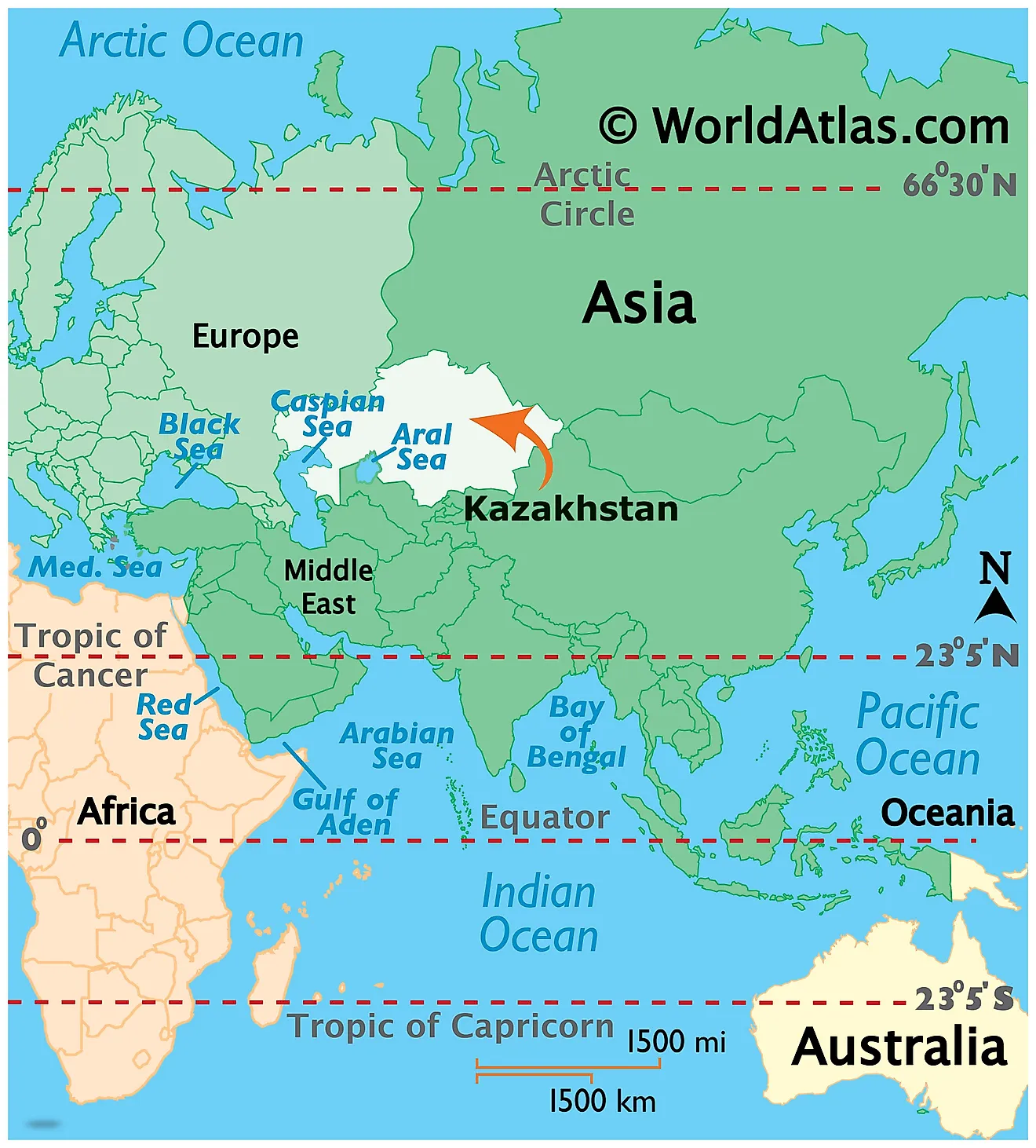 Map showing location of Kazakhstan in the world.