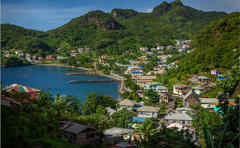 View of Barrouallie with Sea and palm trees in Saint Vincent and the Grenadines.