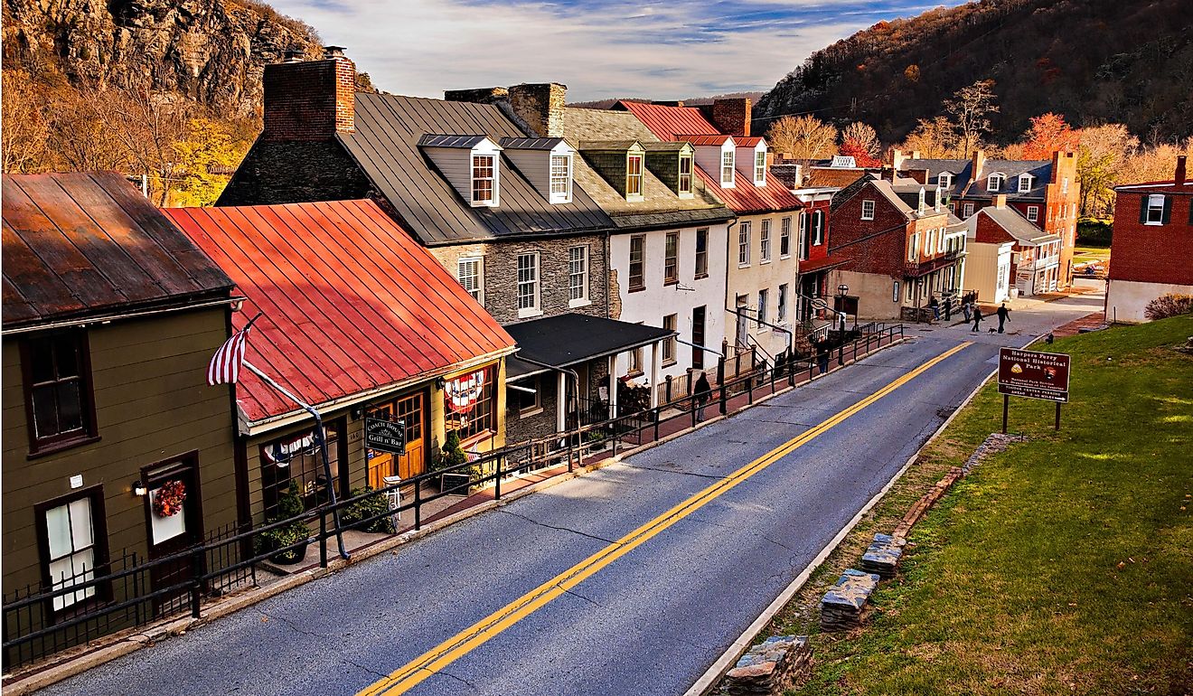 Historic buildings and shops on High Street in Harper's Ferry, West Virginia.