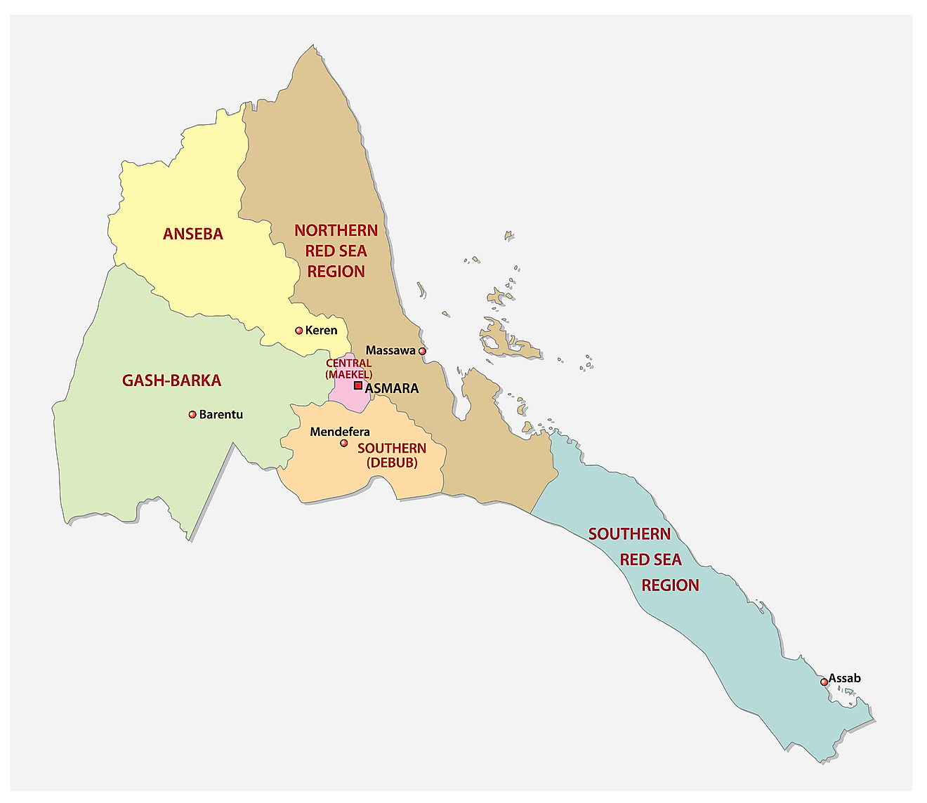 Political Map of Eritrea showing the six regions, their capitals including the national capital of Asmara.