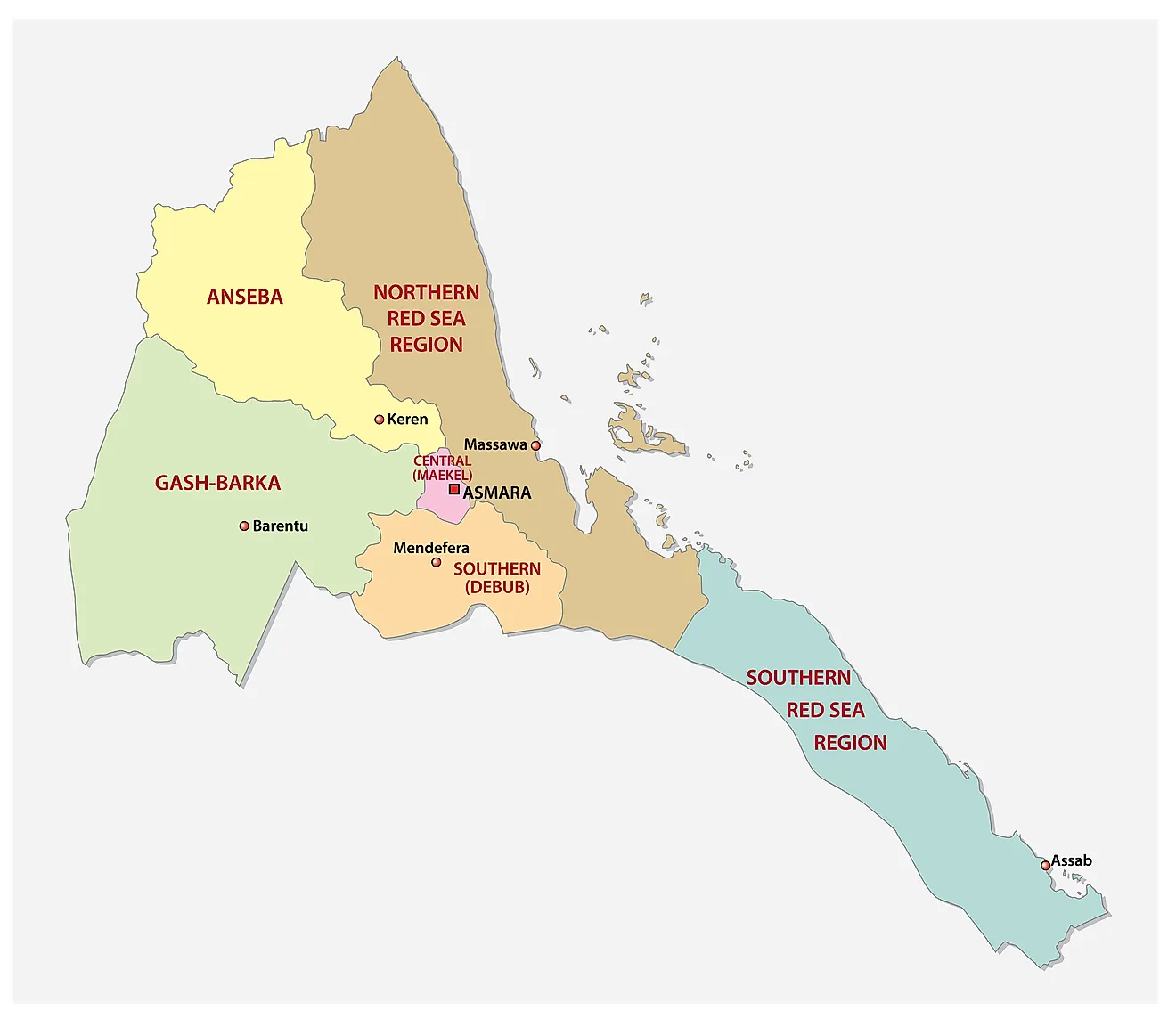 Political Map of Eritrea showing the six regions, their capitals including the national capital of Asmara.