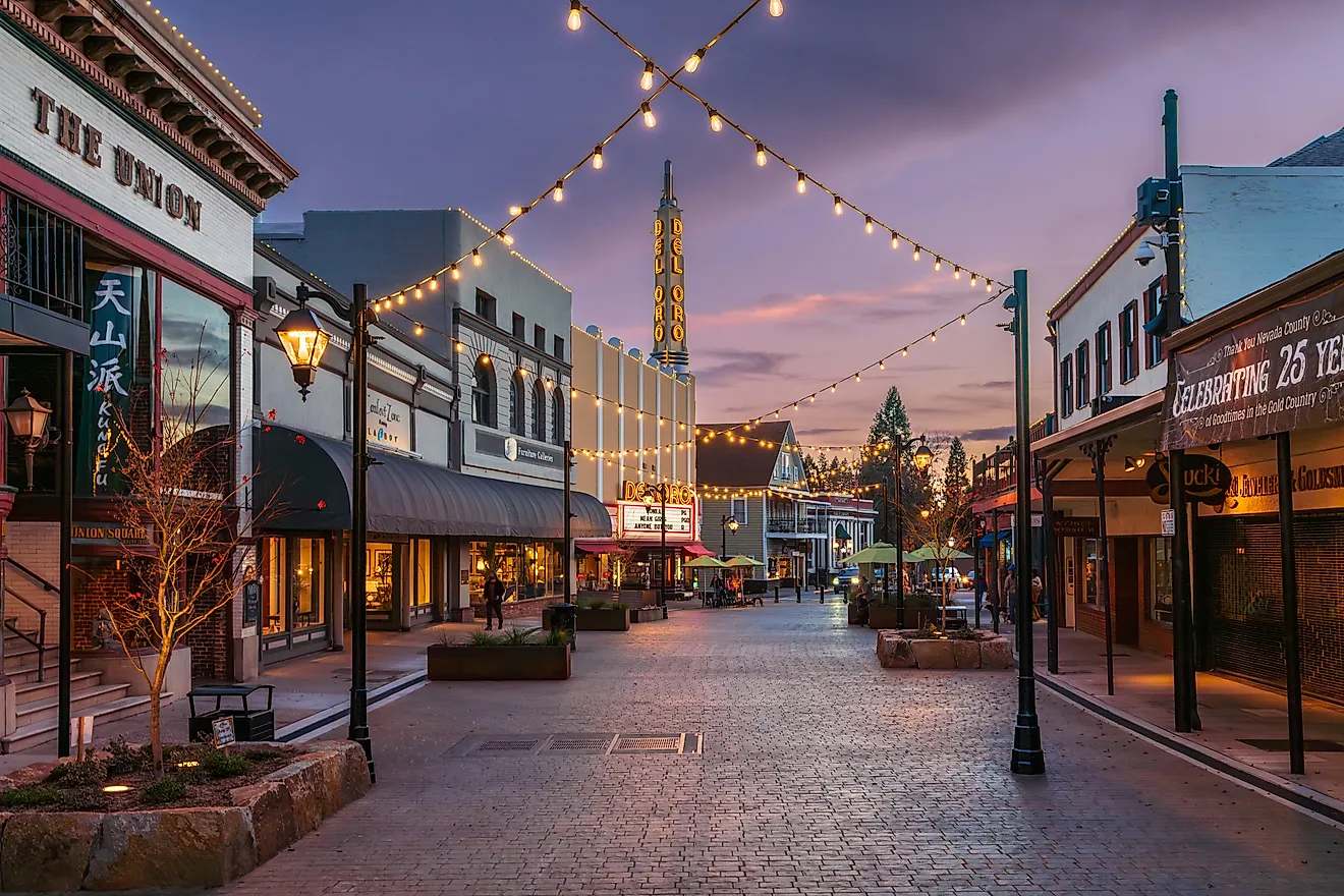The Plaza on Mill Street at dusk in Grass Valley, California.