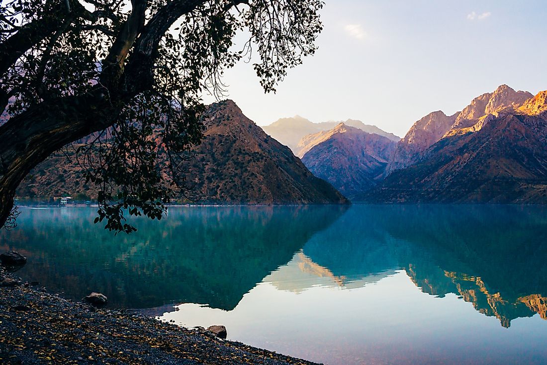 Iskanderkul Lake is a glacial lake within the Fann Mountains. 