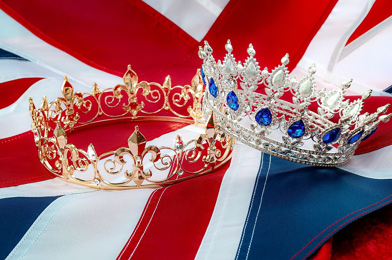 Crowns and flag symbolizing the British Empire.