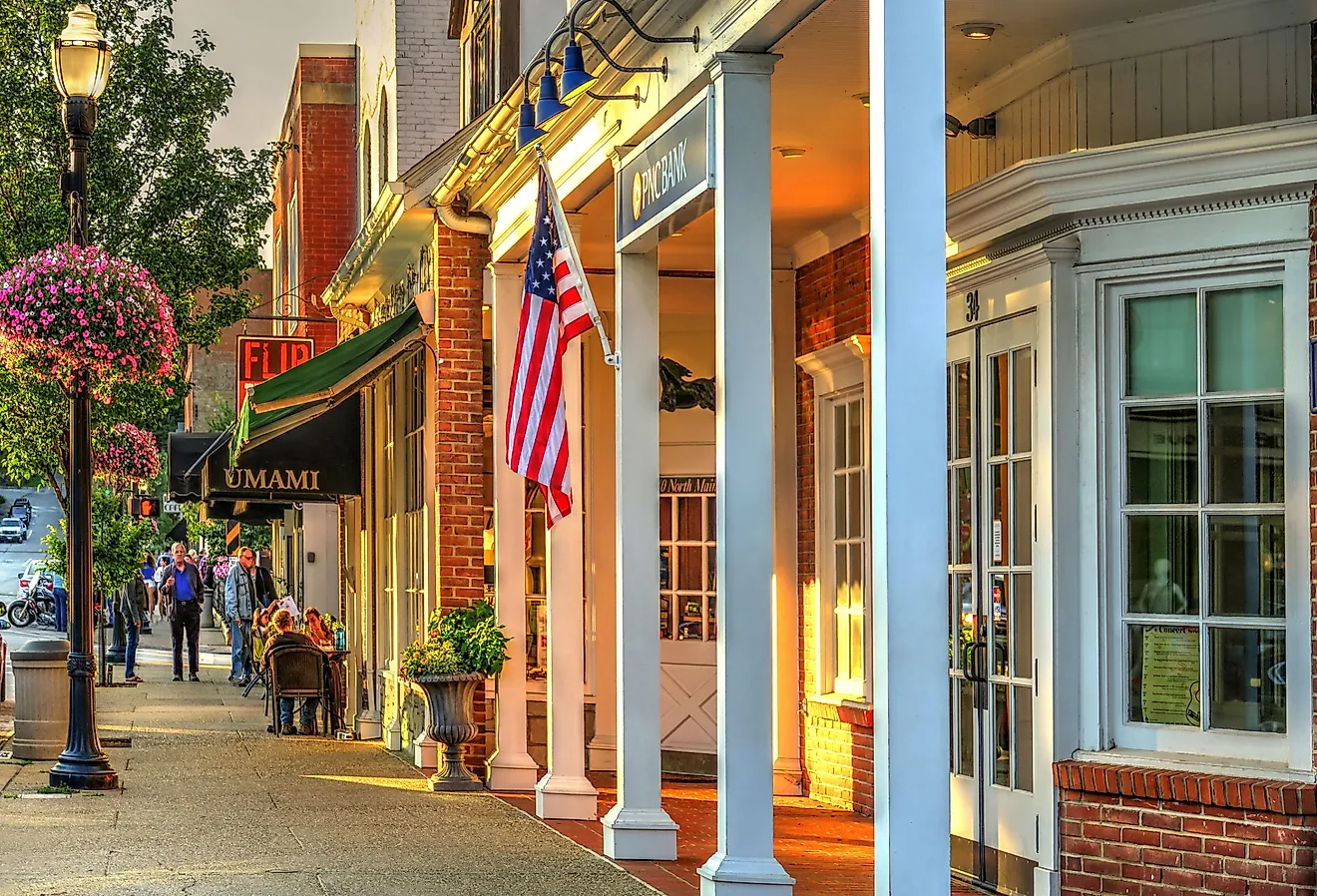 Downtown Chagrin Falls, Ohio, with people dining on Main Street. Image credit Lynne Neuman via Shutterstock.
