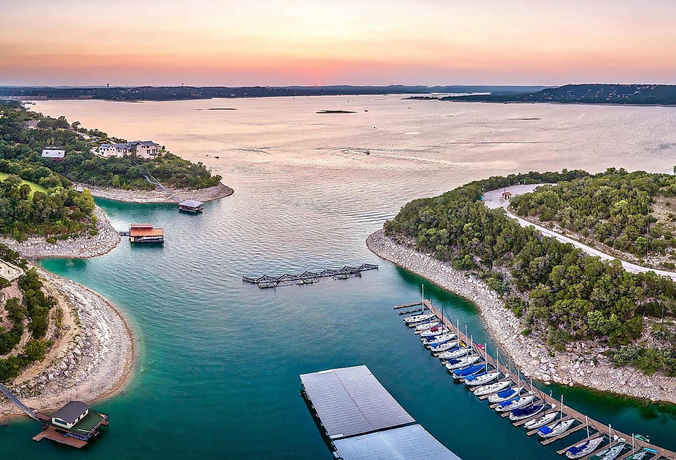 Marina On Lake Travis In Austin, Texas during sunset.