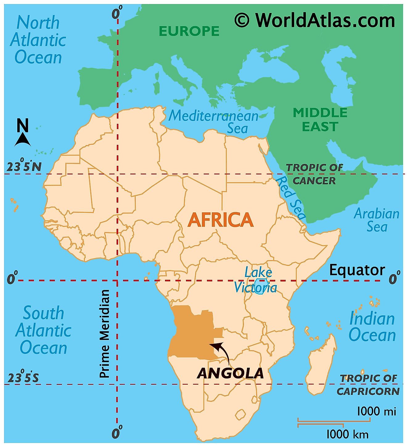 Map showing location of Angola in the world.