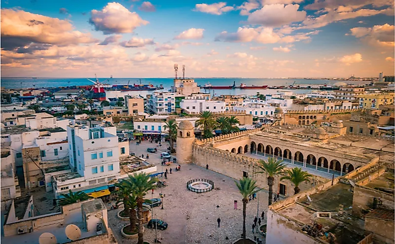 Beautiful sunset in Sousse, Tunisia. Cityscape with the view on Mosque and port of Sousse. 