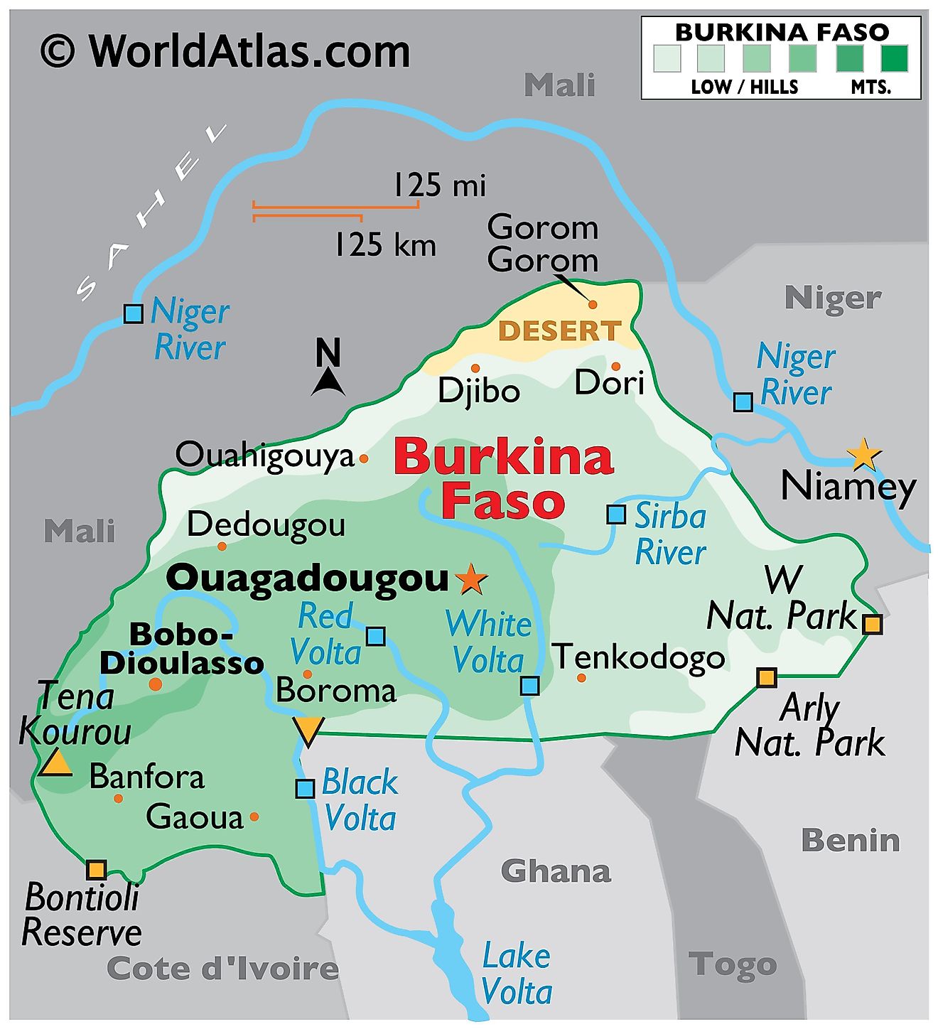 Physical map of Burkina Faso showing its state boundaries, relief, major rivers, extreme points, national parks, and major cities.