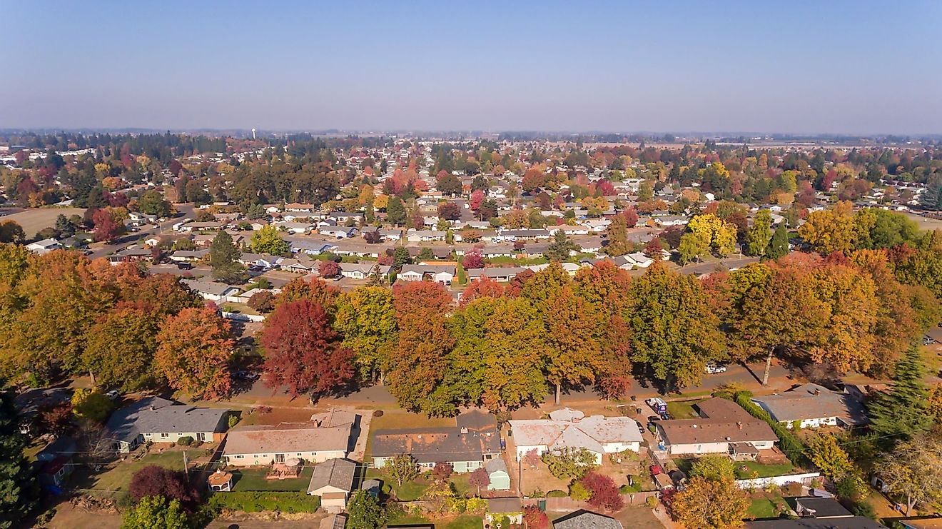 Aerial view above Salem, Oregon in fall season. 