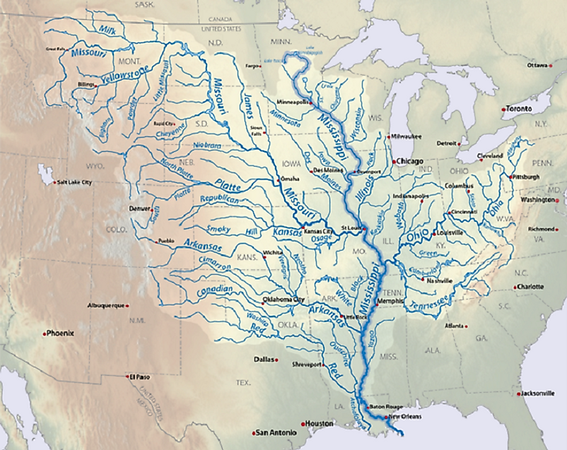 Map of the Mississipi River watershed, with its many tributaries and ultimate outflow into the Gulf of Mexico.