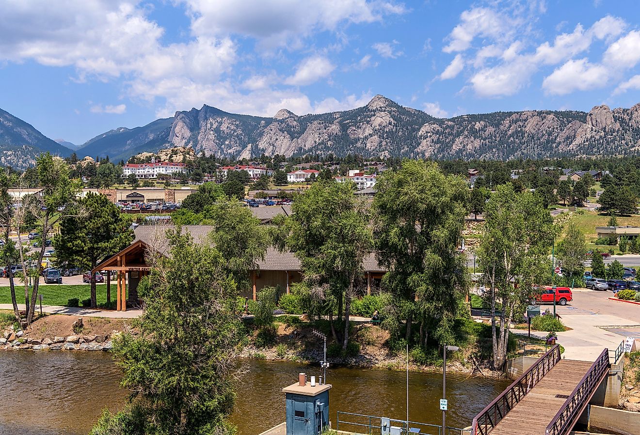 Estes Park, a sunny Summer day view of the center of the mountain resort town along Big Thompson River, Colorado.