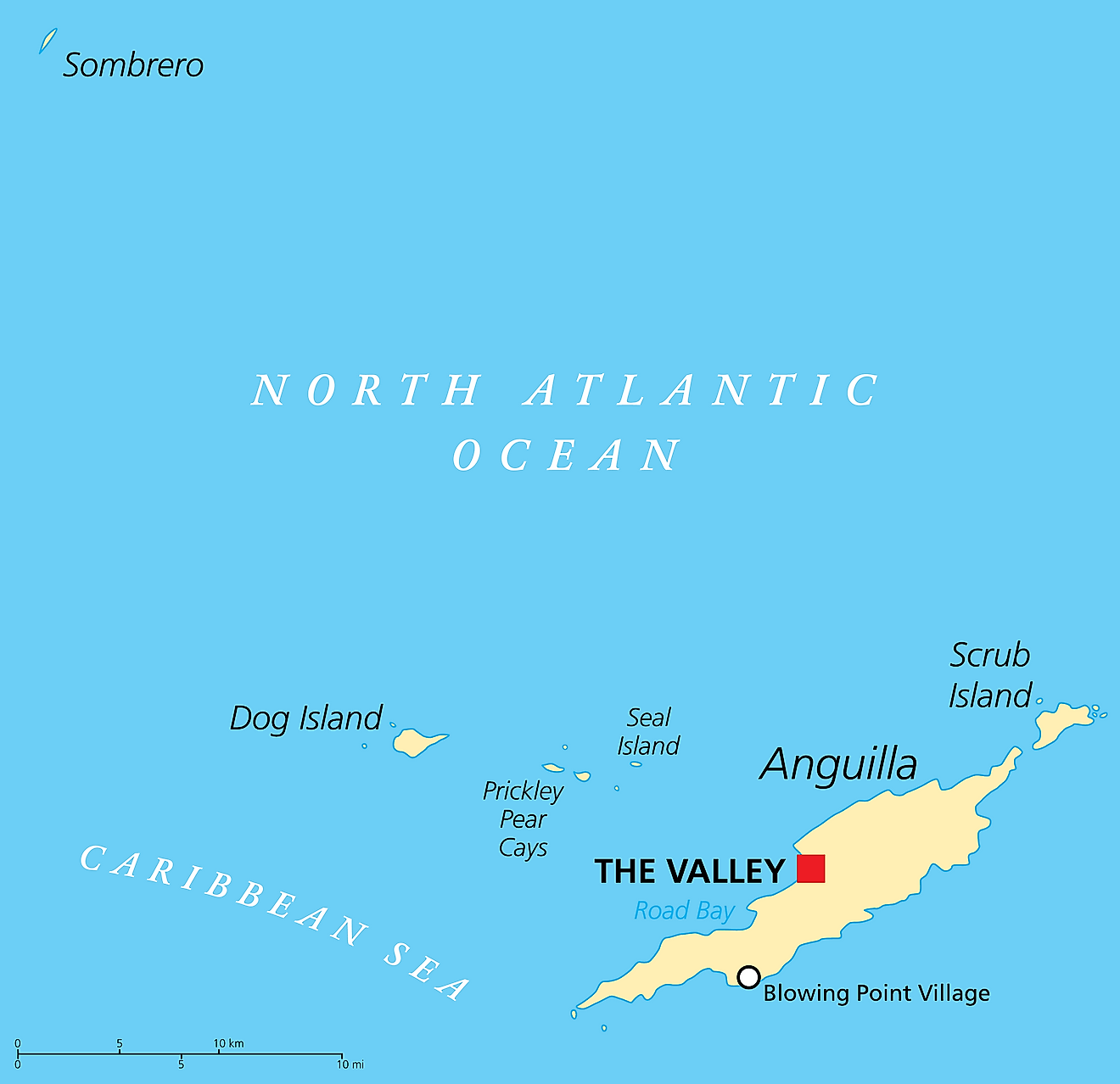 Political Map of Anguilla showing its capital The Valley