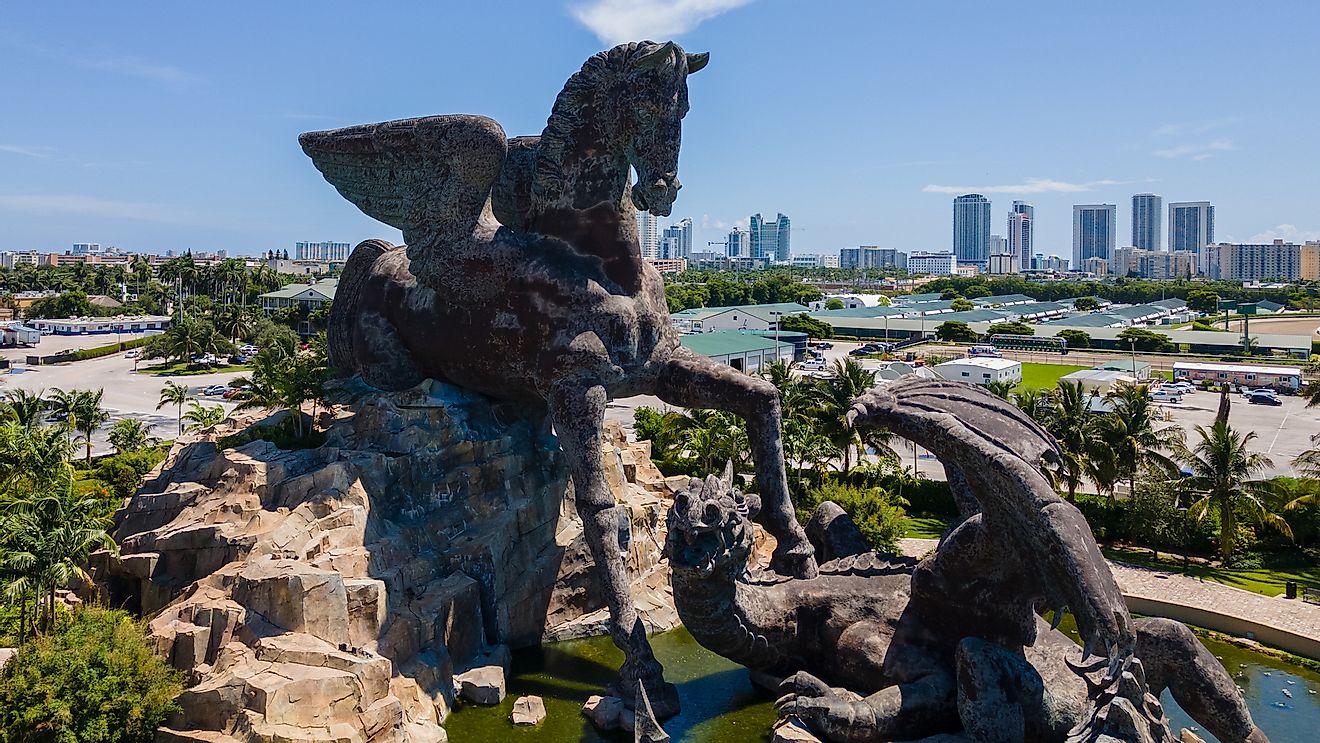 Aerial view of the statue of Pegasus defeating a dragon in Gulfstream Park, Hallandale Beach, Florida.
