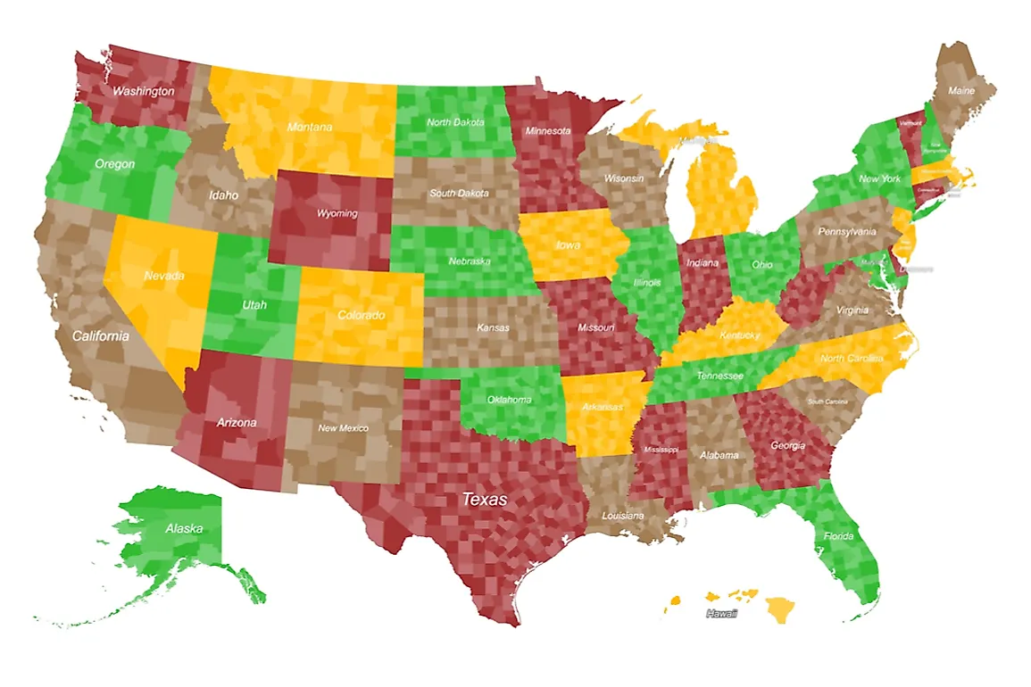 Map detailing the counties of the US. 