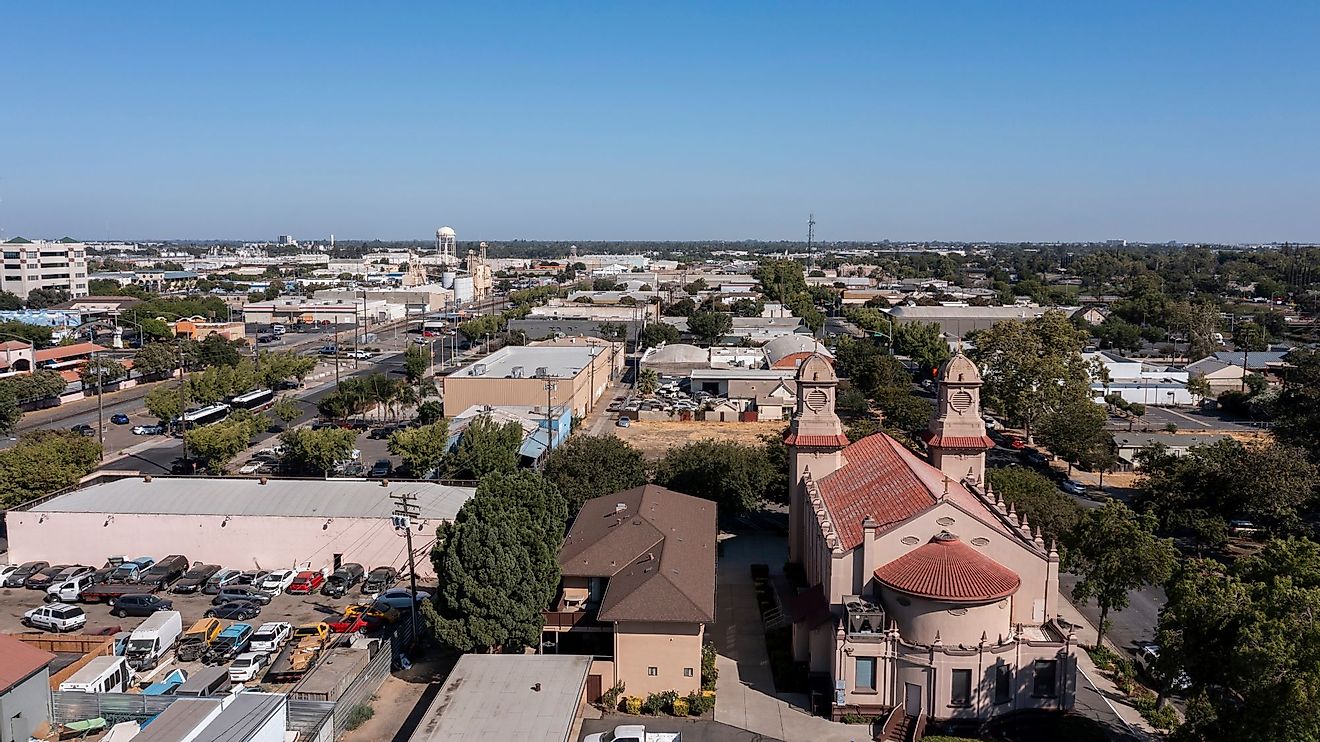 Afternoon aerial view of the urban downtown core of Modesto, California. 