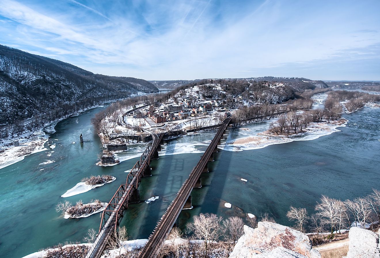 Harpers Ferry, WV with snow on the ground and in the Shenandoah and Potomac river, shot from the Maryland Heights Overlook