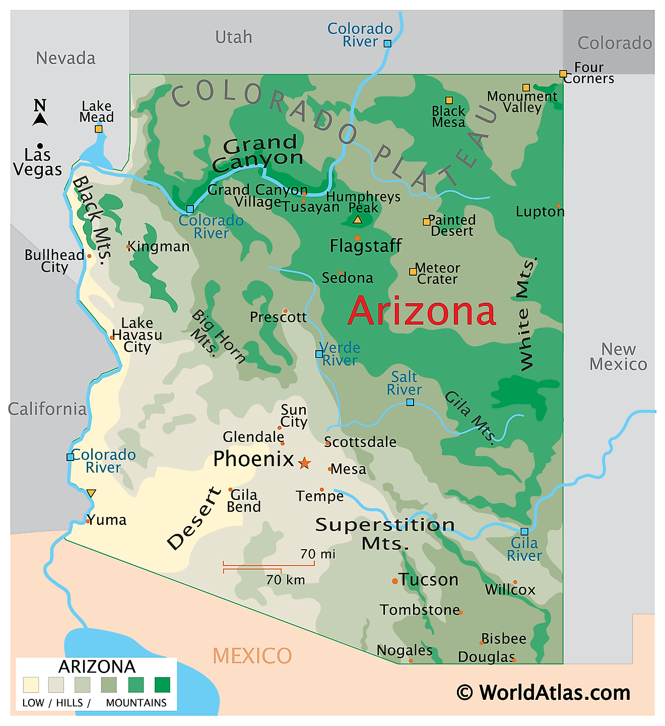 Physical Map of Arizona. It shows the physical features of Arizona including its mountain ranges, plateau, and major rivers.