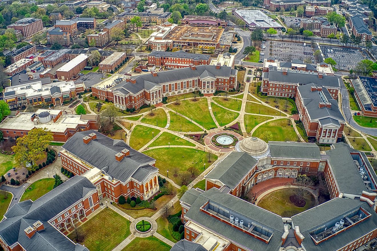 Aerial View of a large public University in Tuscaloosa, Alabama