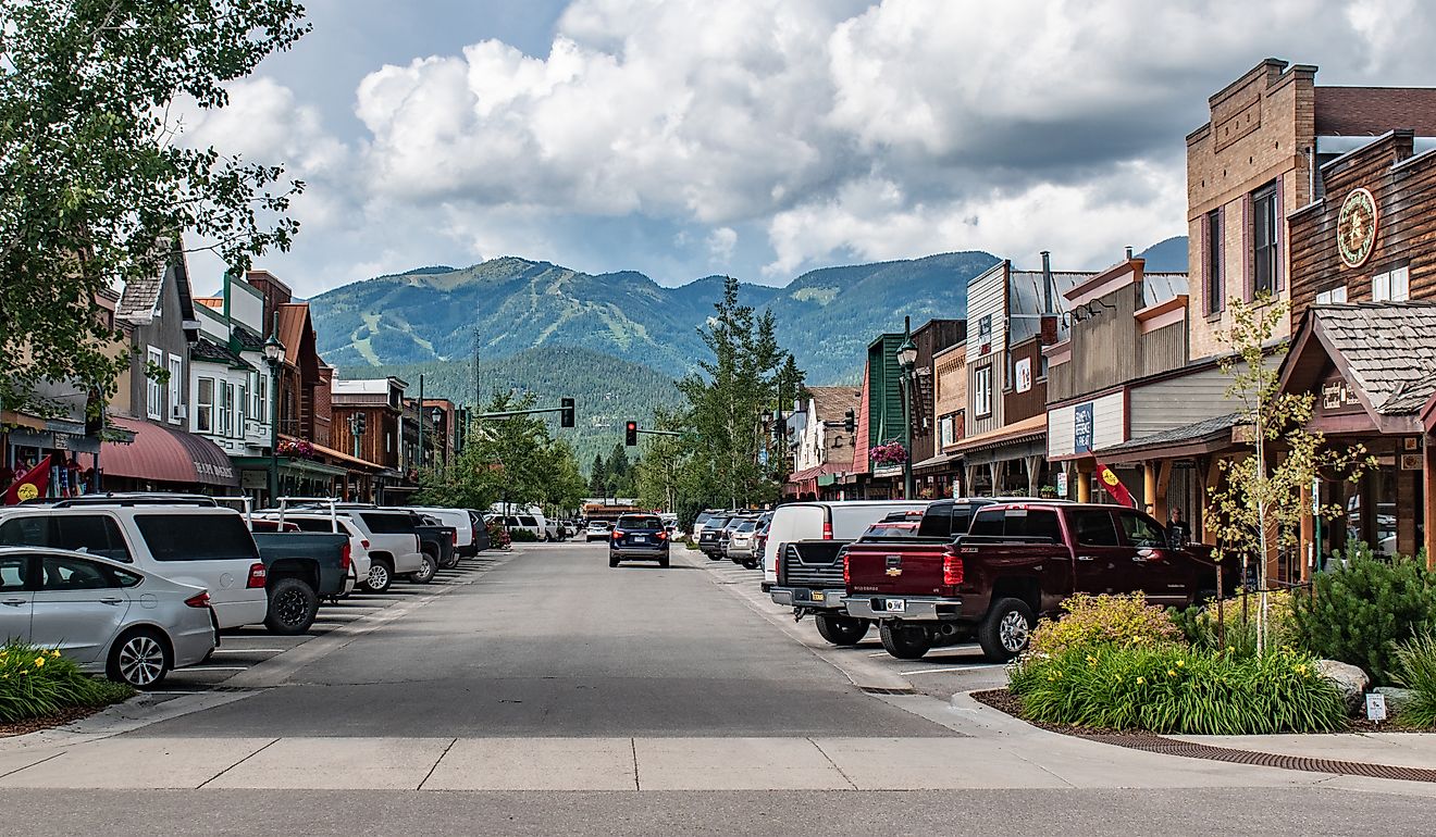 Downtown Whitefish, Montana, with the ski resort in the distance. (Editorial credit: Beeldtype / Shutterstock.com)