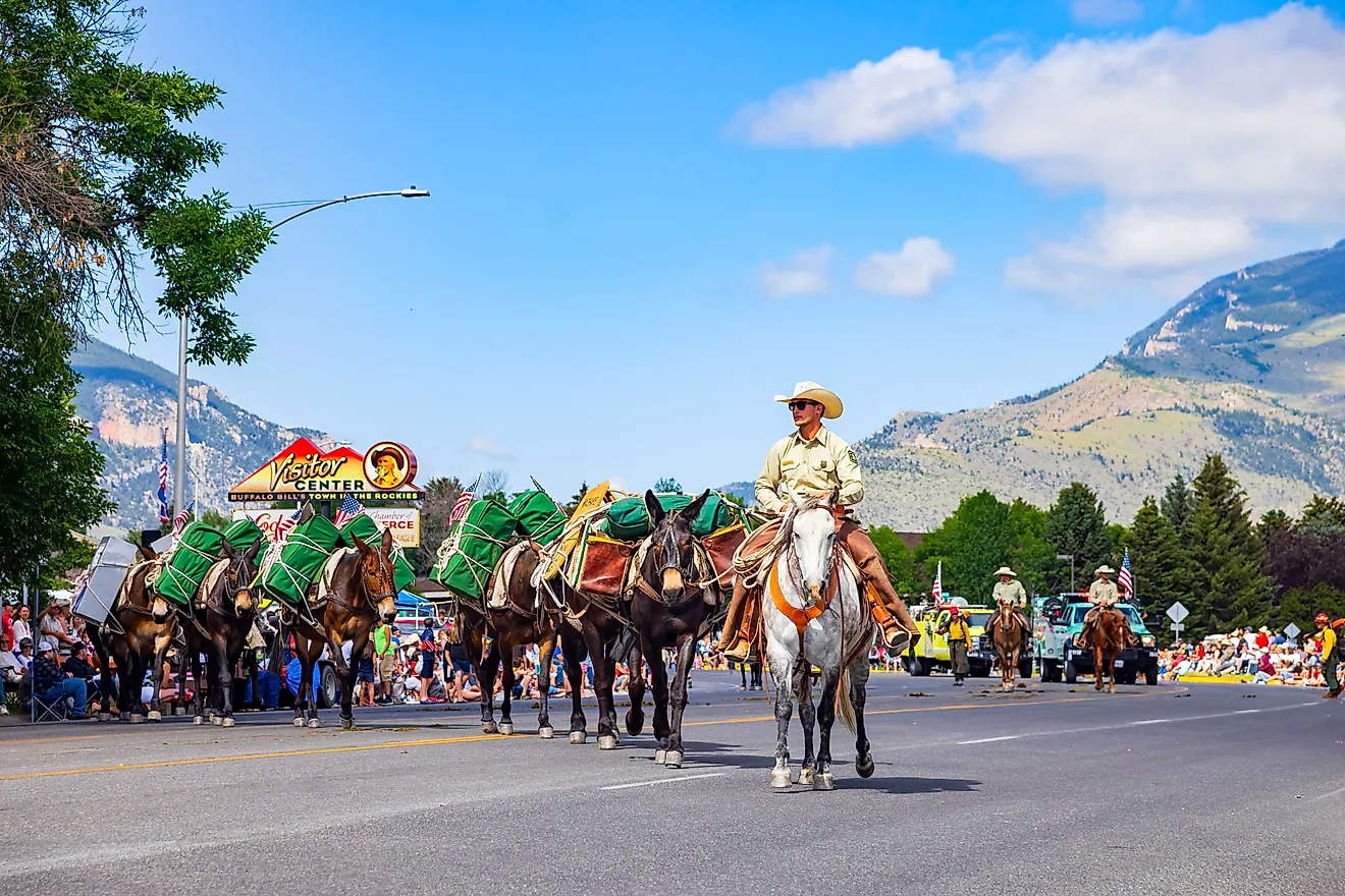Sunny view of the famous Cody Stampede Parade in Cody, Wyoming. Image credit: Kit Leong / Shutterstock.com.