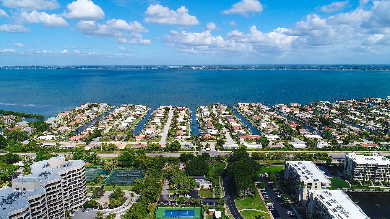 An aerial view of Longboat Key in Sarasota County, Florida.