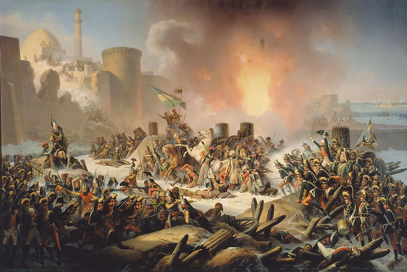 Ottoman troops desperately attempt to halt advancing Russians during the Siege of Ochakov (1788).