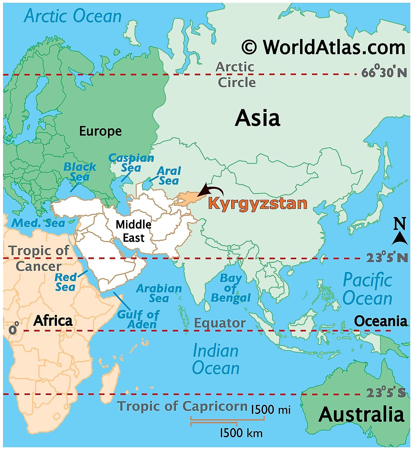 Mapa que muestra la ubicación de Kirguistán en el mundo.