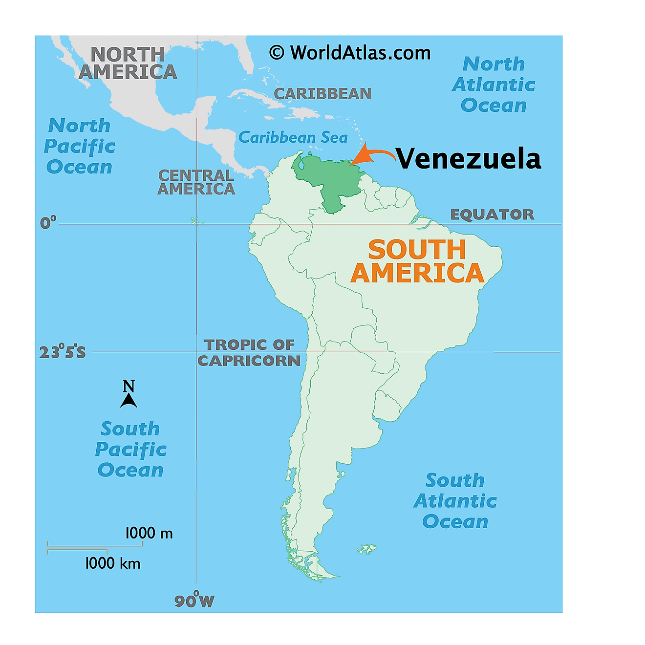 Mapa que muestra la ubicación de Venezuela en el mundo.