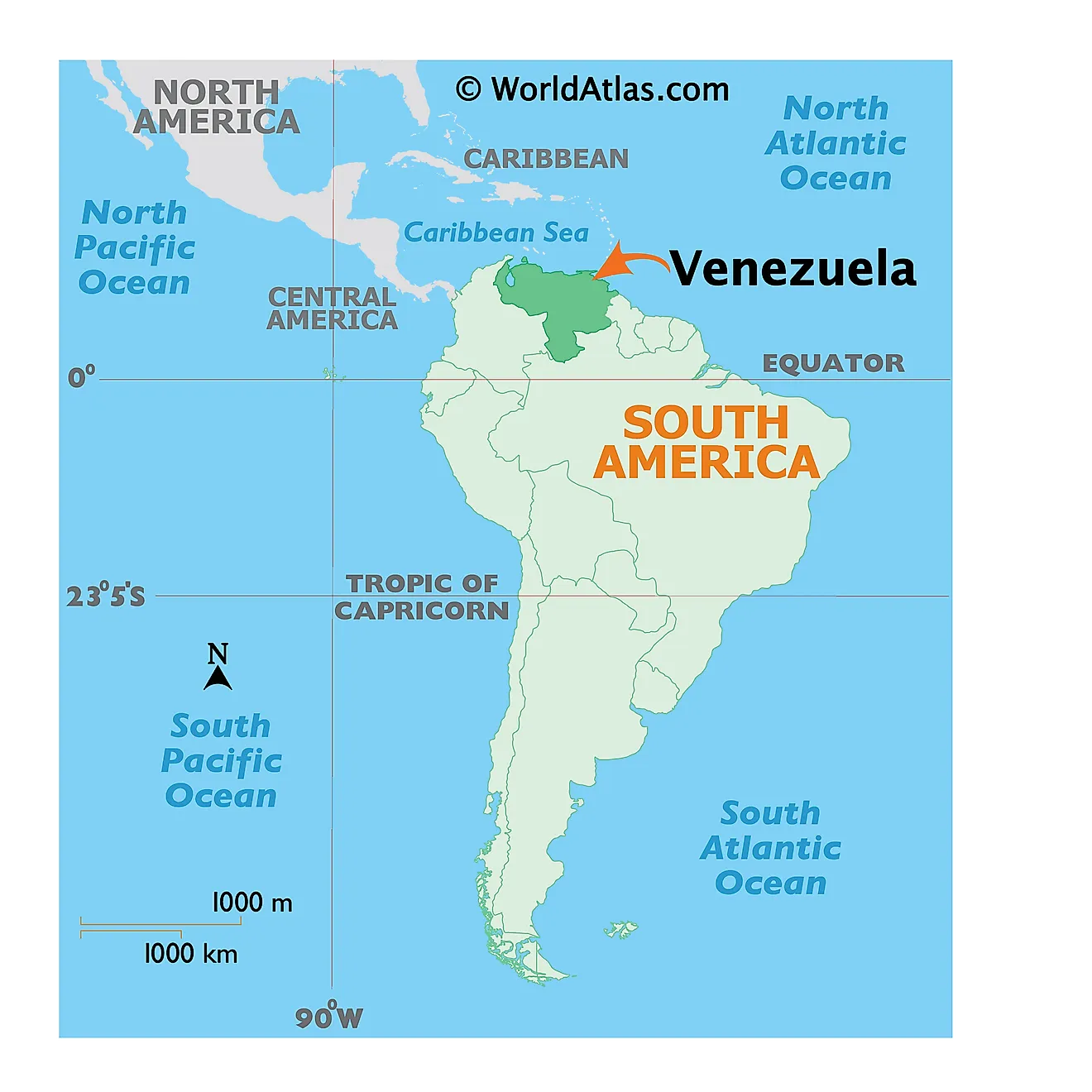 Map showing location of Venezuela in the world.